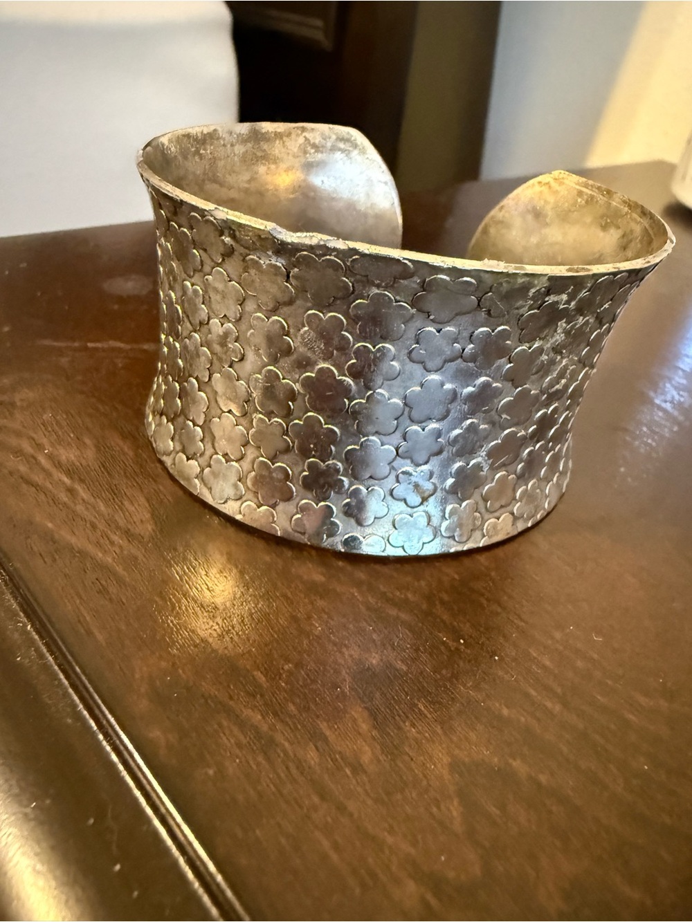 Silver Floral Pattern Wide Cuff Bracelet